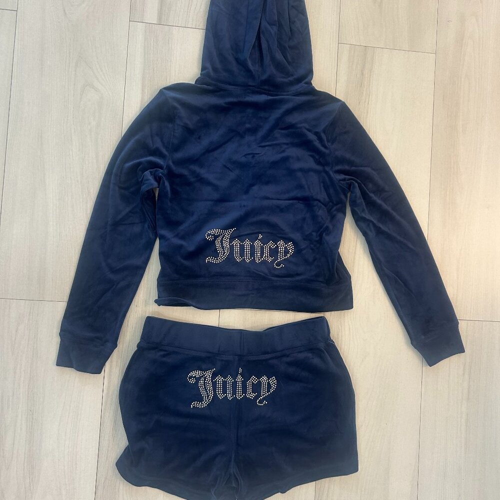Juicy Couture  Navy Blue Velour Rhinestone Zipper Hoodie & Shorts Set NWT